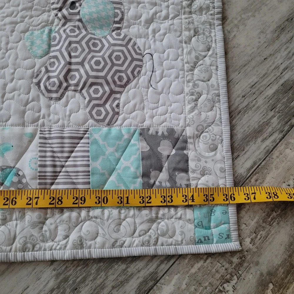 Handmade Baby Quilt Pillow Blue Gray White Elephant Giraffe Applique Nursery Art